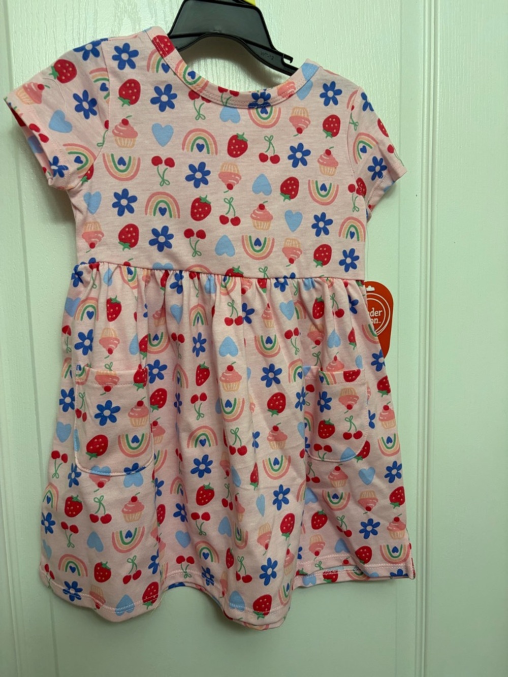 wonder nation Pink Short Sleeve Dress with Rainbow, Strawberry & Cupcake Print